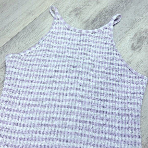 Lavender & White Gingham Print Ruffled Hem High-Neck Racerback Smocked Gauze Top - Picture 6 of 10